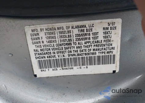 2007 Honda Odyssey Ex from USA, damaged, VIN 5FNRL38427B087869